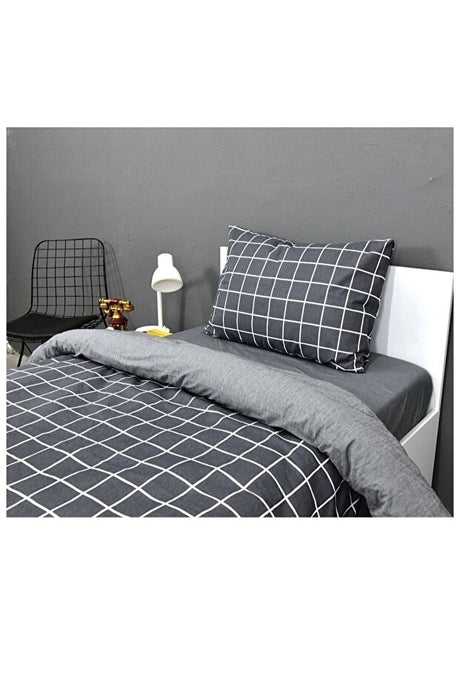 Single Reversible Plaid & Grey Duvet Cover Set 155x230 cm