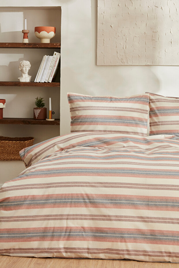 Double Size Duvet Cover Set - Terracotta Stripes, 100% Cotton