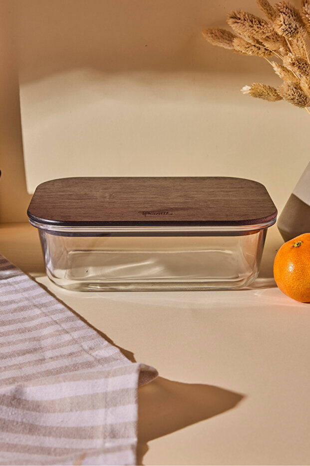 Locky Wood 1050ml Rectangular Glass Storage Jar