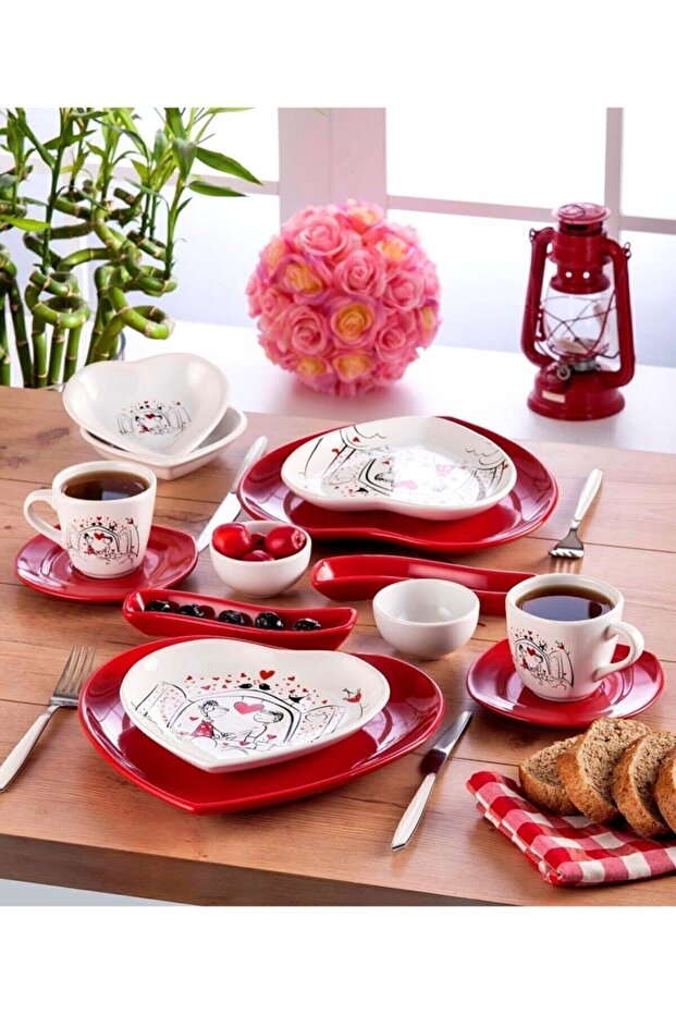 14-Piece Ceramic Breakfast Set for Two - Romantic Heart Design