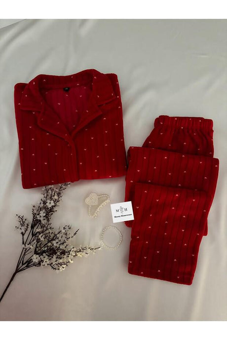 Cozy Red Heart Thermal Fleece Pajama Set - Winter Comfort