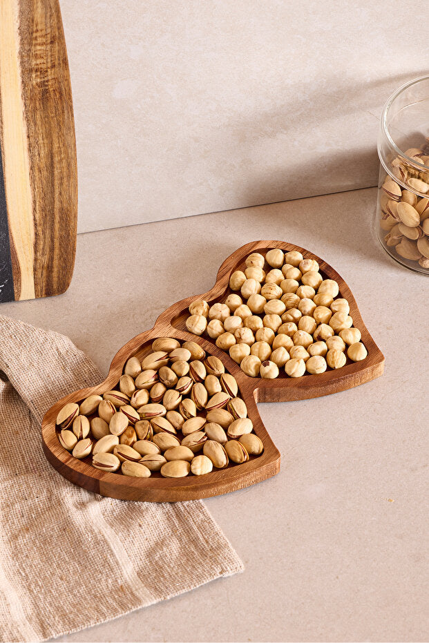Acacia Heart-Shaped Serving Plate - Dual Compartment 25x14 cm