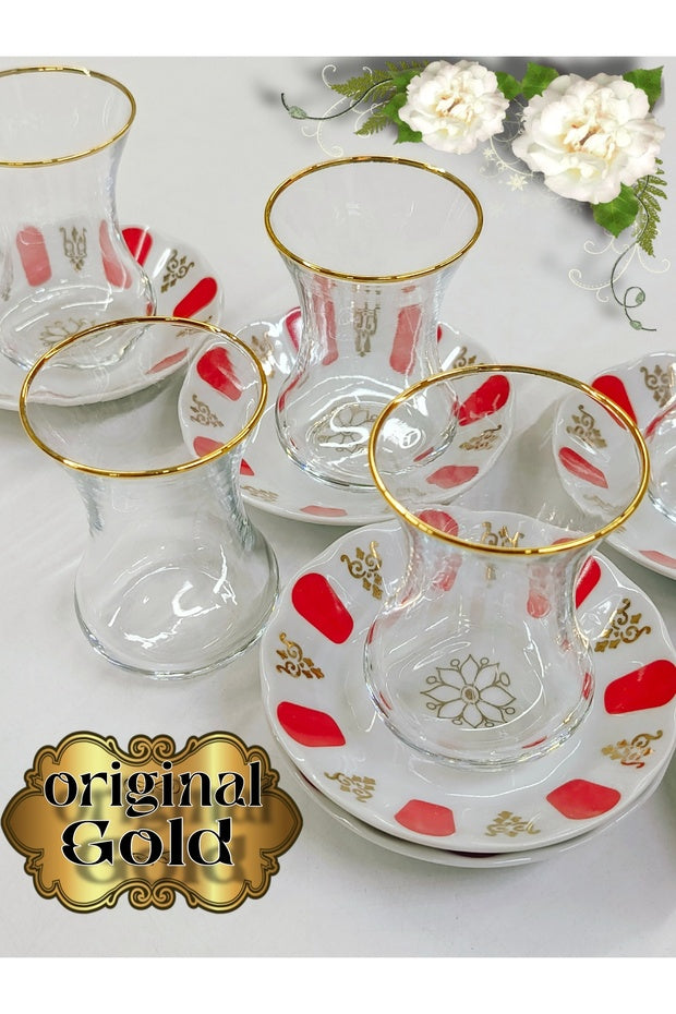 Juego de té de porcelana y vidrio rojo dorado de lujo Samsa - 6 personas