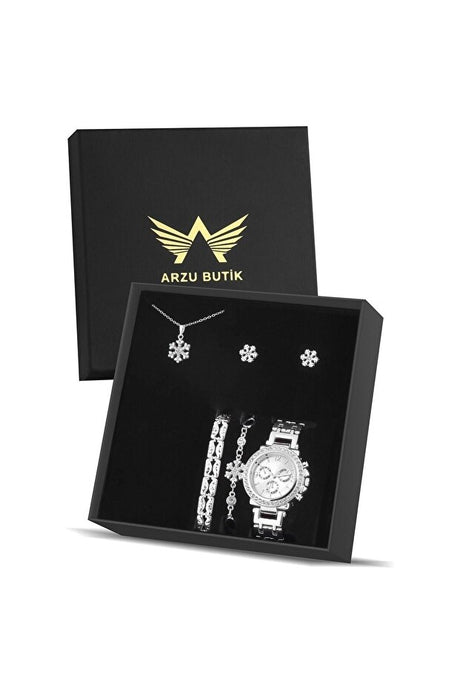 Women's Silver Tone Watch & Jewelry Gift Set - Snowflake Design