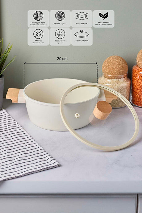 CookWood Beige 20cm Ceramic Deep Pot with Induction Base & Wooden Handles
