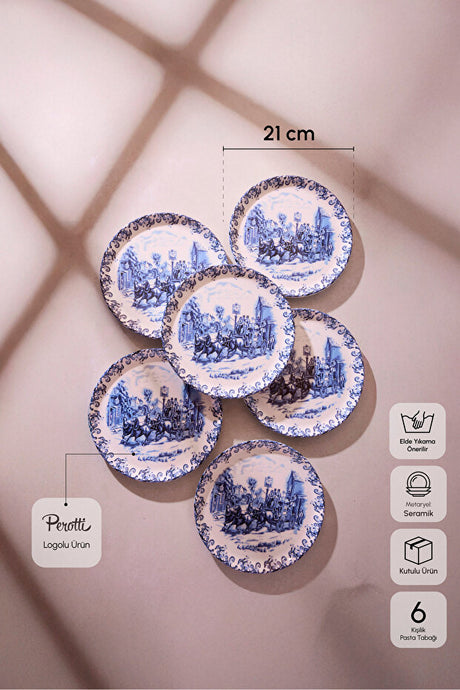 6-Piece 21cm Ceramic Dessert Plate Set - Vintage Horse-Drawn Carriage