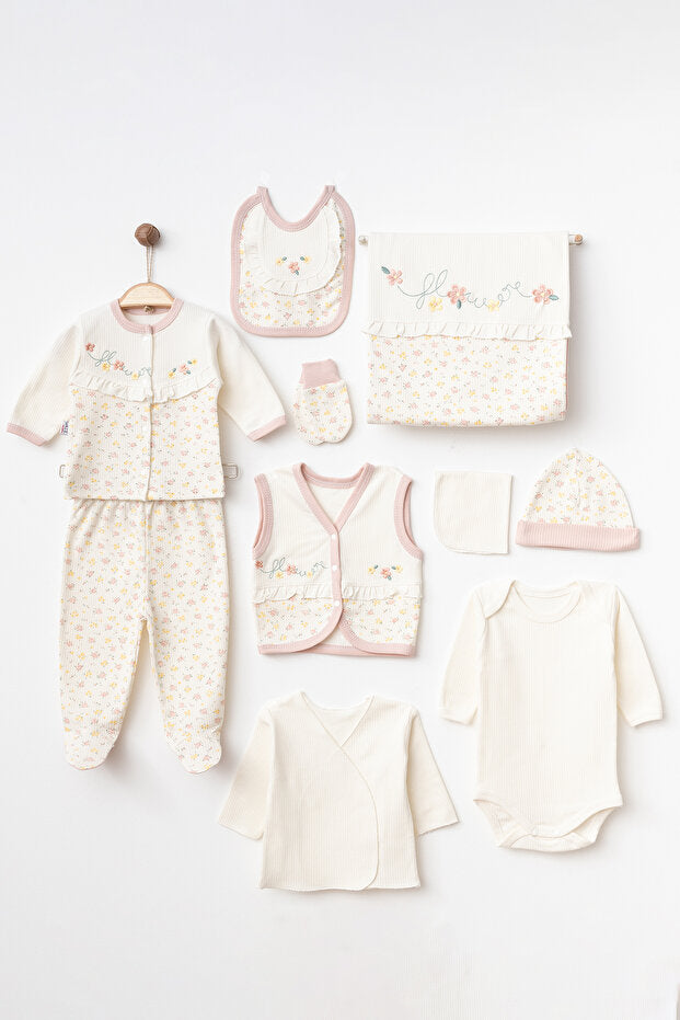 10-Piece Newborn Baby Hospital Set - Organic Cotton & Flower Embroidery