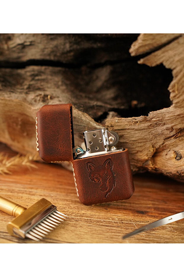 Handmade Genuine Leather Cased Zippo-Style Lighter with Wolf Design