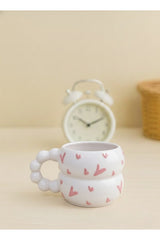 Handmade Ceramic Mug - Bubbly Design, Beaded Handle & Pink Hearts