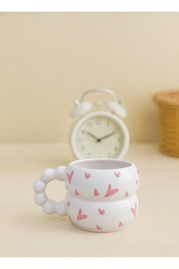 Handmade Ceramic Mug - Bubbly Design, Beaded Handle & Pink Hearts