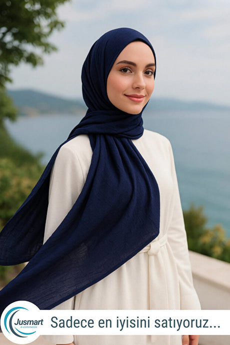 Navy Bamboo Crinkle Cotton Shawl - Wrinkle-Free & Breathable