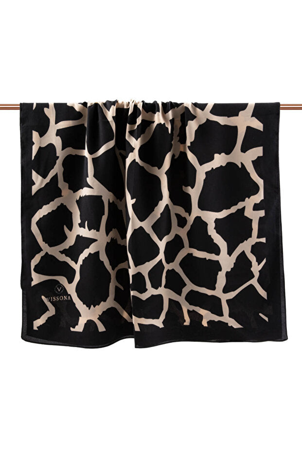 Medina Silk Shawl - Black & Beige Stone Pattern