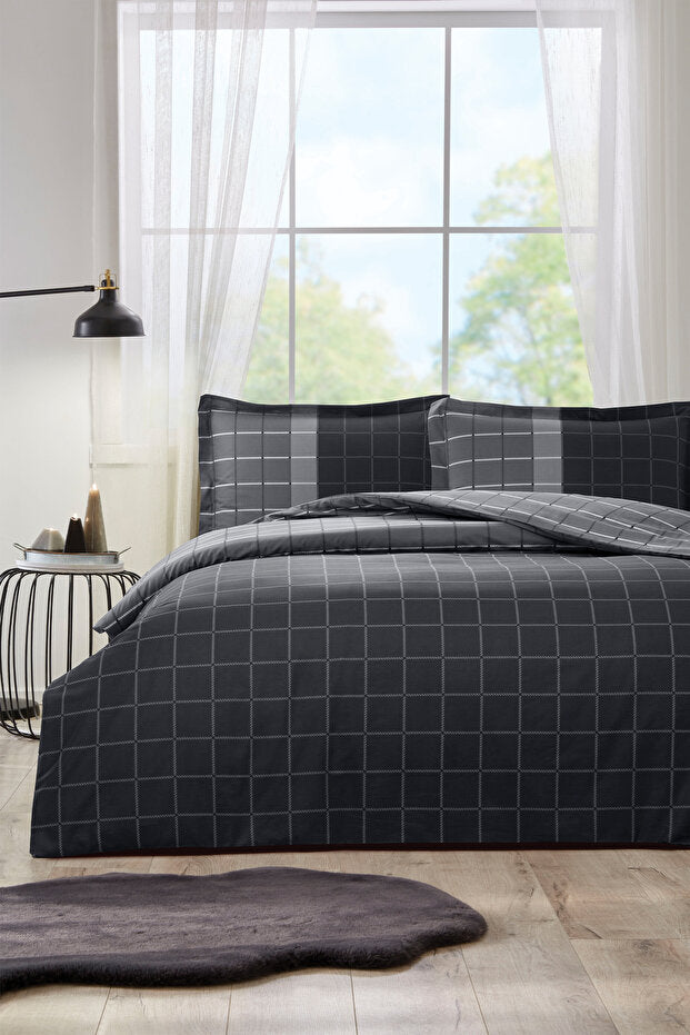 Black Nera Plaid Double Duvet Cover Set - 100% Cotton