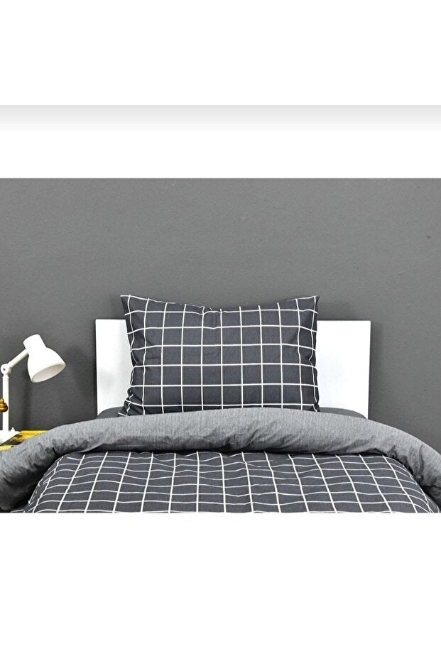 Single Reversible Plaid & Grey Duvet Cover Set 155x230 cm