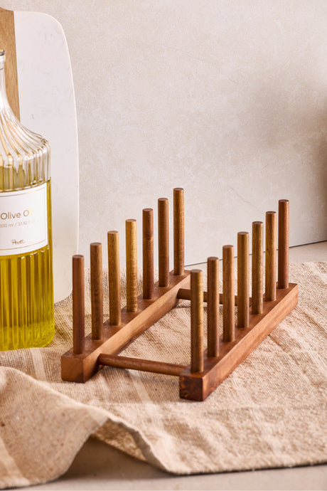 Acacia Wood 6-Compartment Plate Rack - Versatile Kitchen Organizer