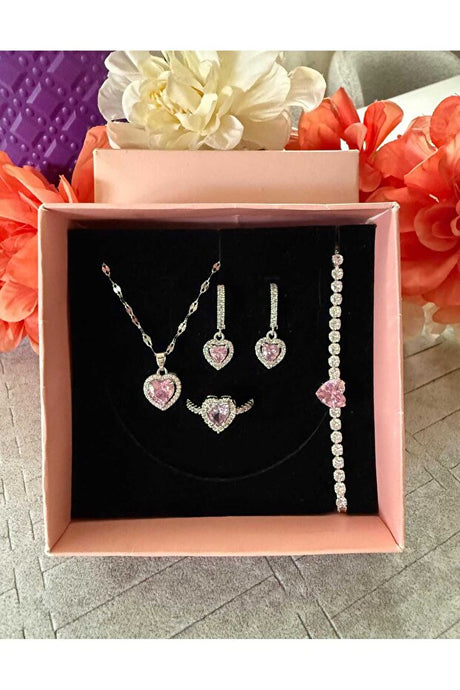 Steel Heart Jewelry Set - Necklace, Earrings, Ring & Bracelet