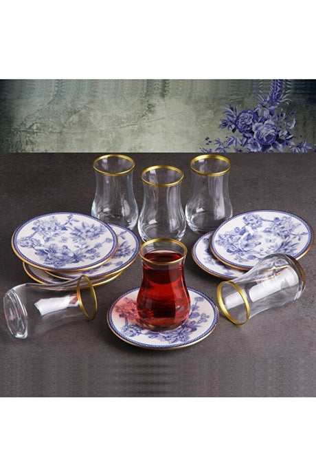 Pinkev Authentic Turkish Tea Glass & Ceramic Saucer Set - 12-Piece