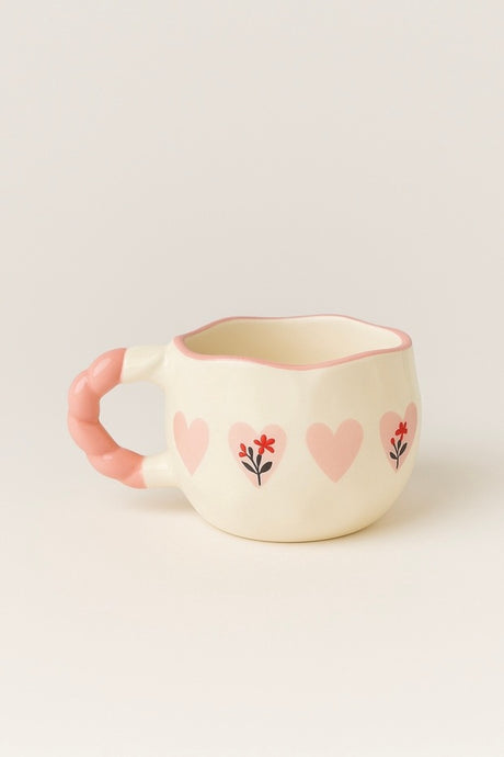 Handmade Ceramic Mug with Pink Hearts & Handle - Cream