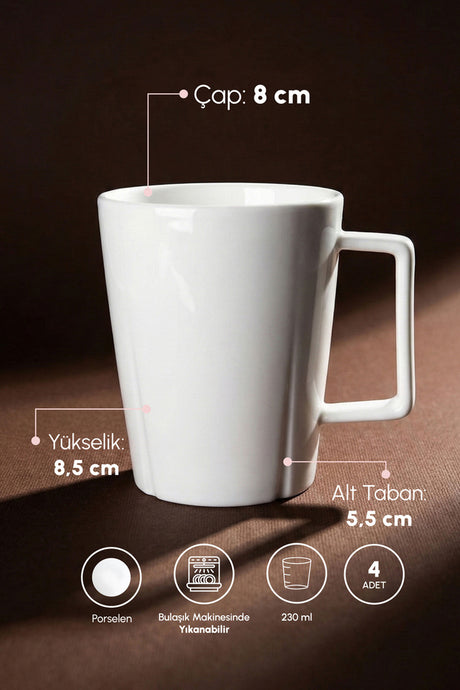 Pure Elegant White Porcelain Mug Set - 230ml Capacity, 4-Pack