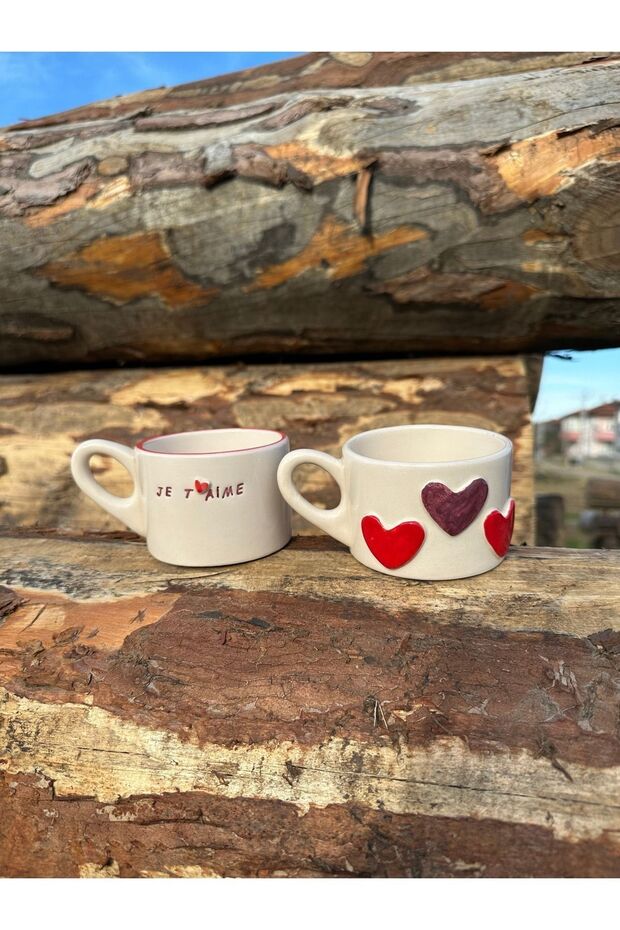 Handmade Ceramic 'Je T'aime' & Heart Mugs - 240ml Couple Set