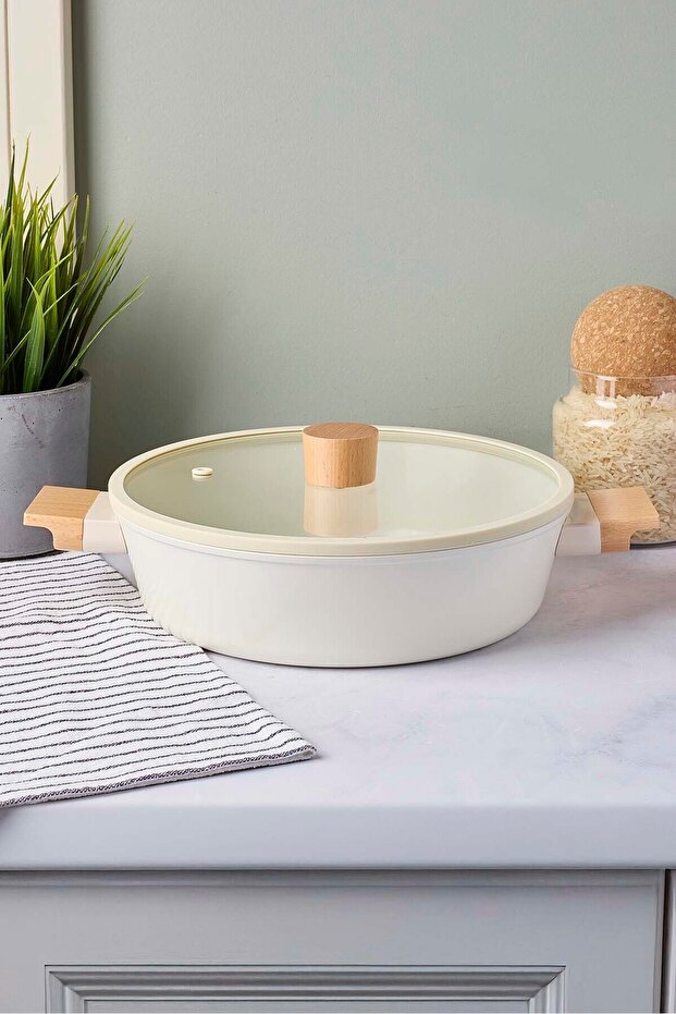 24cm Ceramic Shallow Pot - Induction Base & Wooden Handles