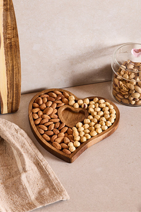 Heart-Shaped Acacia Wood Serving Dish - 20x20 cm Nut Bowl