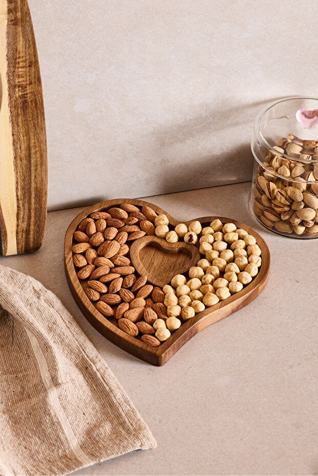 Heart-Shaped Acacia Wood Serving Dish - 20x20 cm Nut Bowl