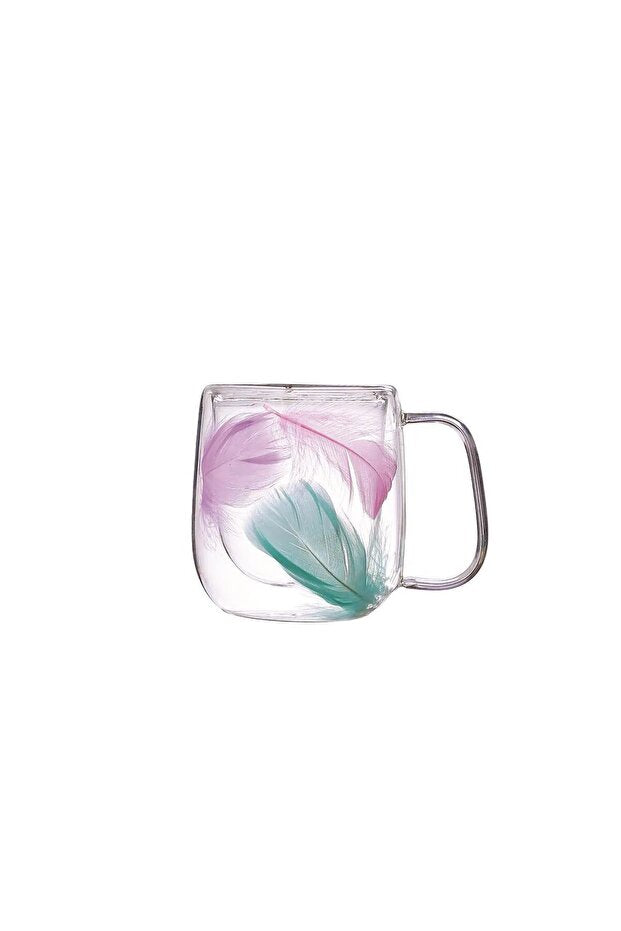 Double-Walled Glass Mug - 250ml Insulated with Feather Design