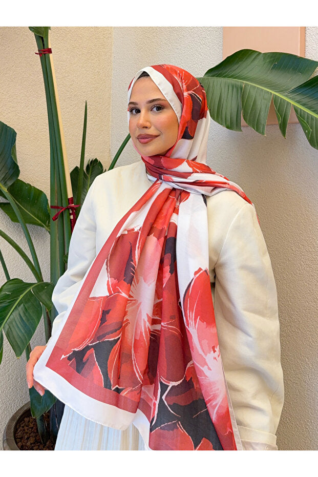 Retro Floral Cotton Soft Shawl - Red & White