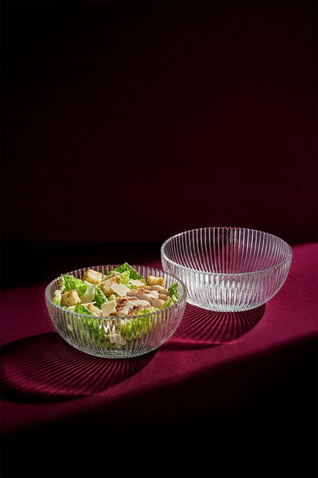 Fidenza 20 cm Ribbed Glass Salad Bowls - Set of 2 for Stylish Serving