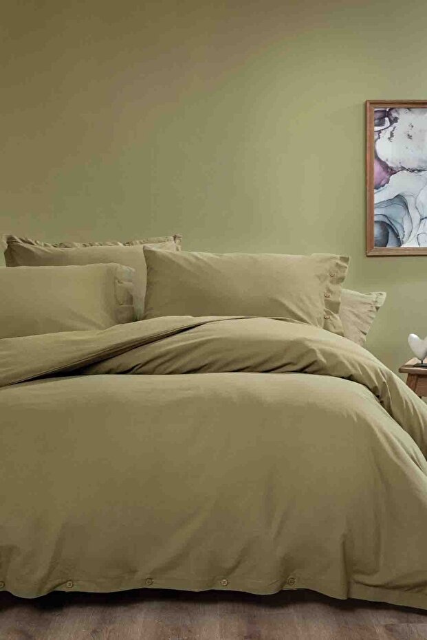 Plain Double Washed Ranforce Duvet Cover Set - Green