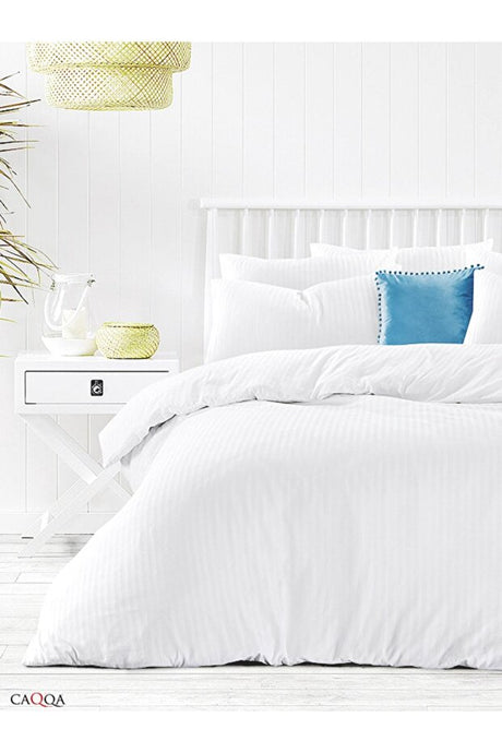 White Striped Satin Double Duvet Cover Set - Premium Hotel Quality