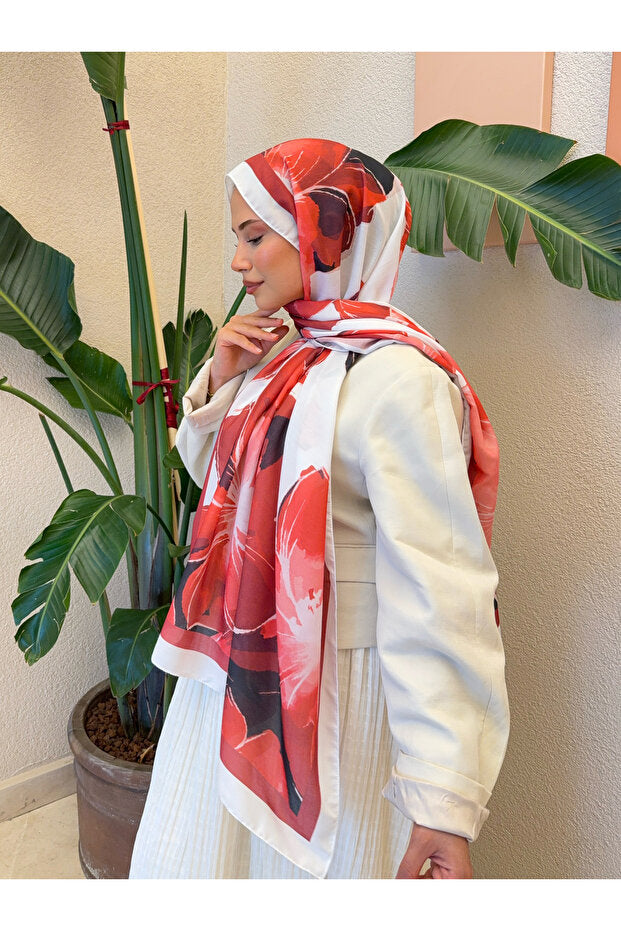 Retro Floral Cotton Soft Shawl - Red & White