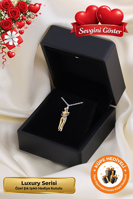 Hugging Couple 925 Silver Plated Necklace - Special Lighted Gift Box