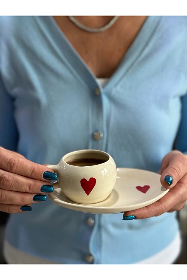 Ceramic Turkish Coffee Cup and Saucer Set - Romantic Heart Design