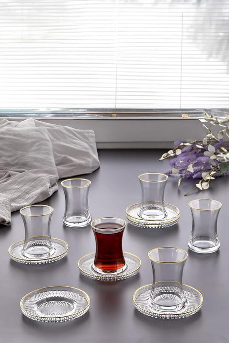 Iliva Professional Gilded Turkish Tea Glass & Saucer Set - 12-Piece