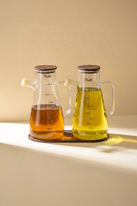Gael Wood 2-Piece 900ml Borosilicate Oil & Vinegar Dispenser Set with Tray