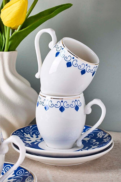 Porcelain Coffee Cup Set - 6 Person, Elegant Blue & Gold Design