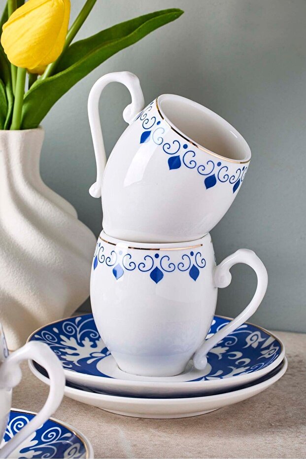 Porcelain Coffee Cup Set - 6 Person, Elegant Blue & Gold Design