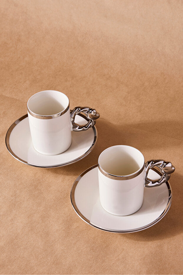 Cihangir Silver Trim Porcelain Coffee Cup Set for 2