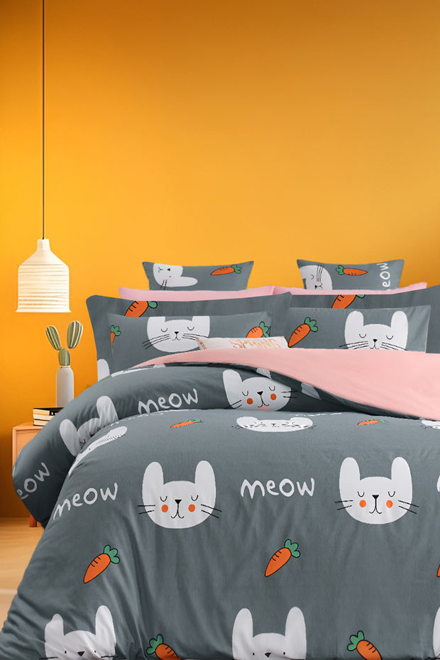 Meow Grey Double Duvet Cover Set - 4-Piece Cotton Bedding