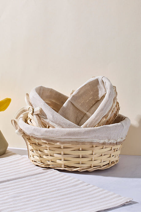 3-Piece Wicker Basket Set - Linen Lined Storage Organizers