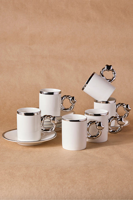 Elegant 6-Person Porcelain Coffee Cup Set with Silver Handles