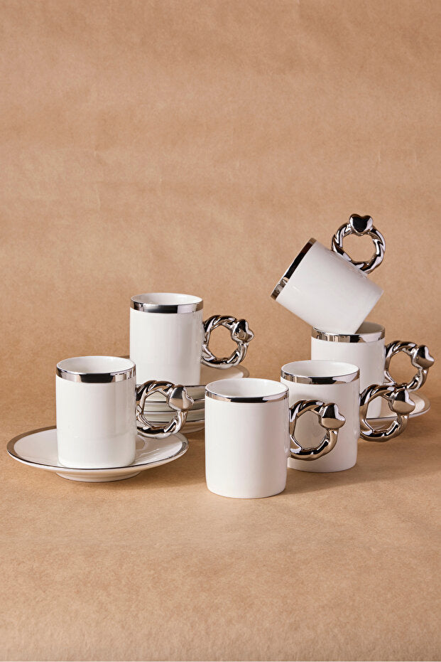 Elegant 6-Person Porcelain Coffee Cup Set with Silver Handles