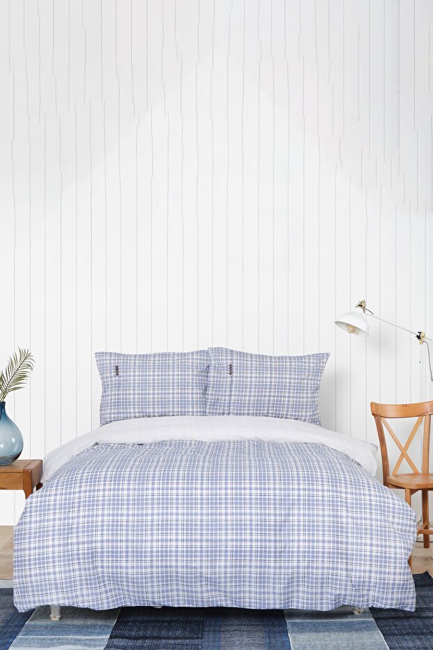 Luan Blue Plaid 100% Cotton Double Duvet Cover Set
