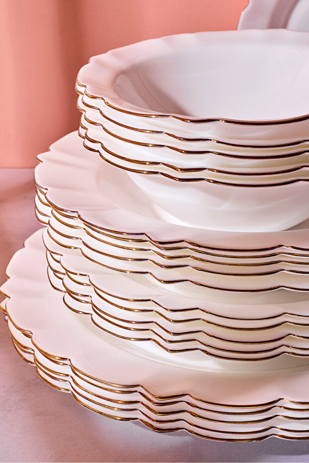 Elegant Scalloped Opal 24-Piece Dinner Set for 6 with Gold Trim