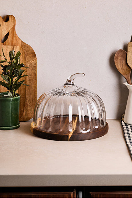 28cm Glass Cake Dome with Acacia Wood Base - Pumpkin Design