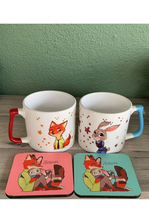Zootropolis Nick and Judy Couple Mugs with Coasters - 4 Piece Set