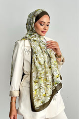 Shawl in Cotone Morbido con Motivo Floreale Lotus - Haki