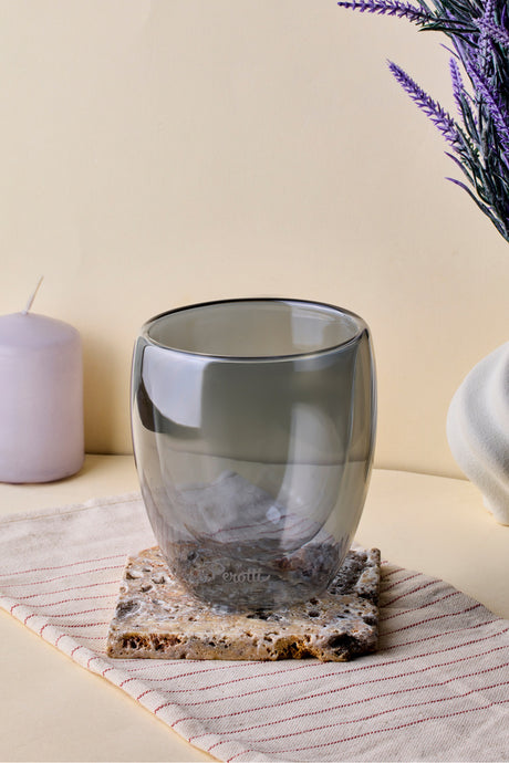 Stylish Double Wall Smoked Glass Tumbler for Coffee & Tea - 300ml